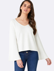 Sophia Flare Sleeve V Neck Top Porcelain