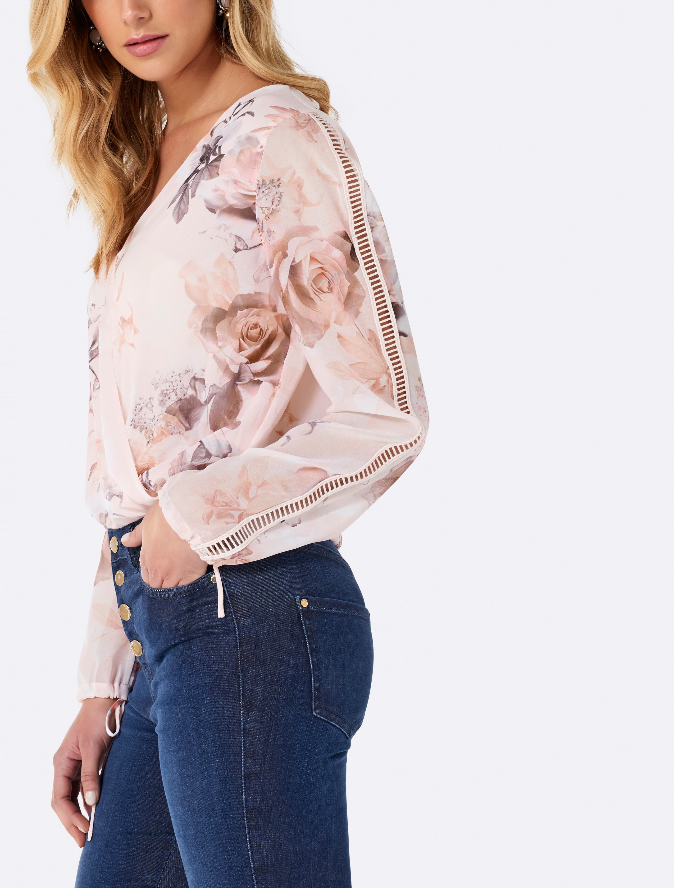 Dahlia Wrap Bodysuit Blush Base Floral Print