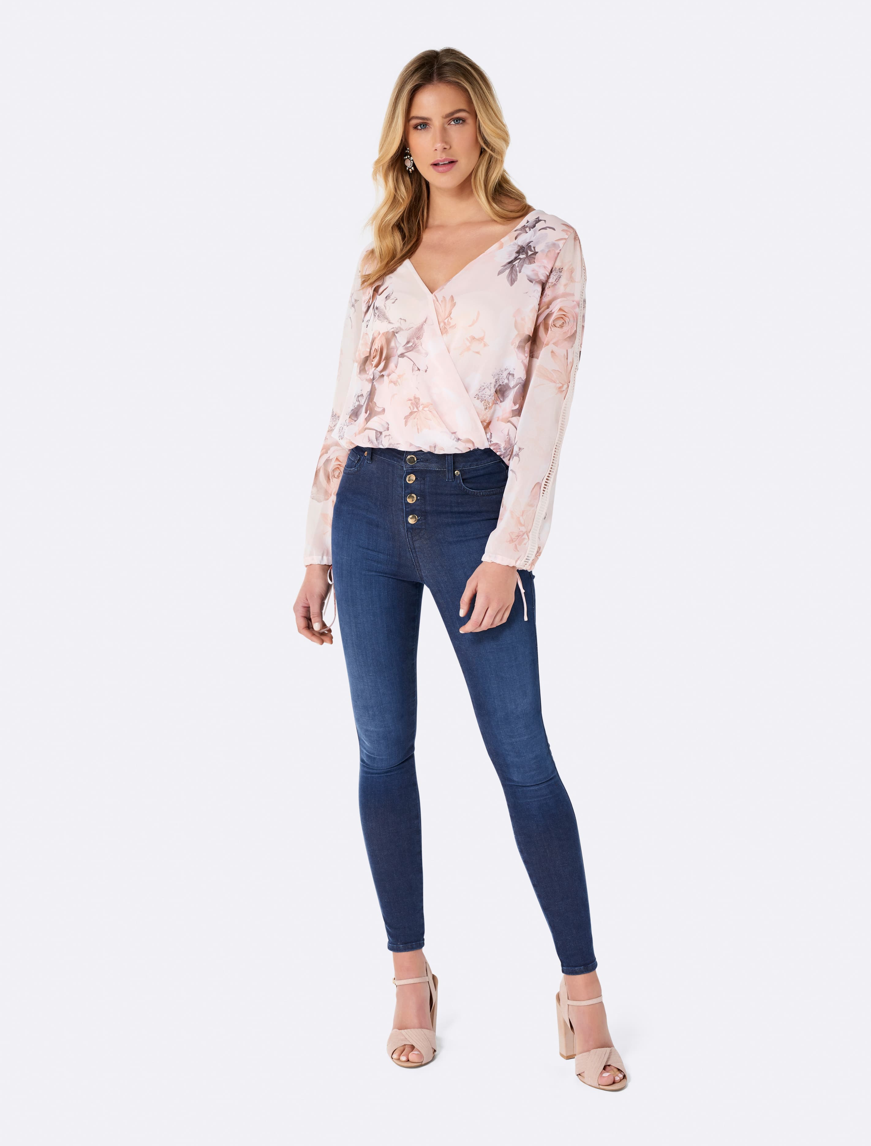 Dahlia Wrap Bodysuit Blush Base Floral Print