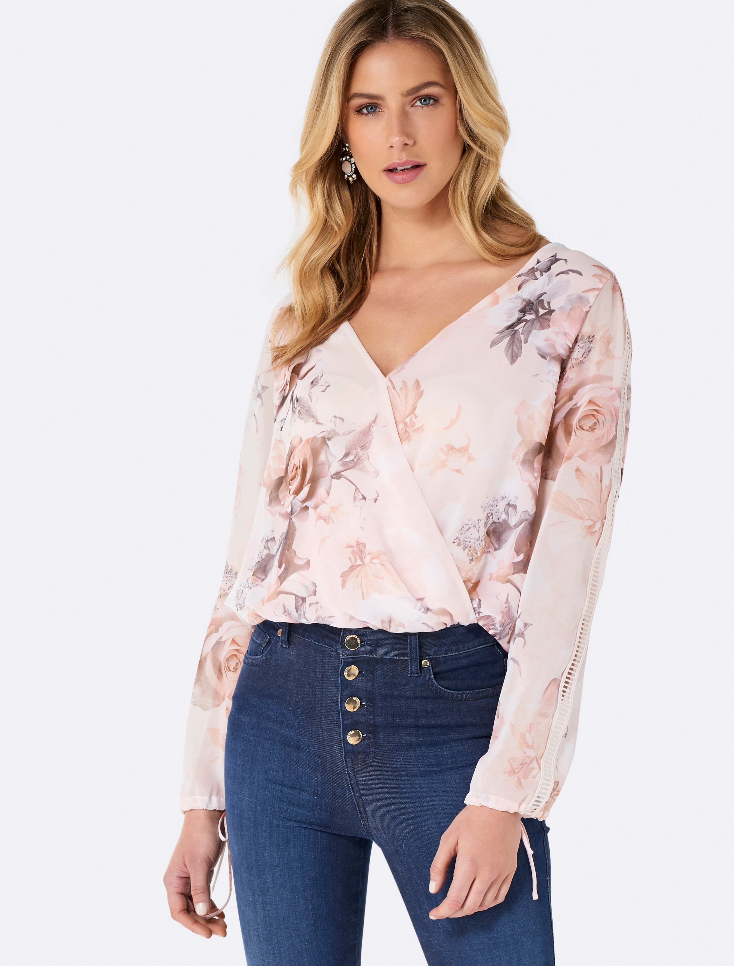 Dahlia Wrap Bodysuit Blush Base Floral Print