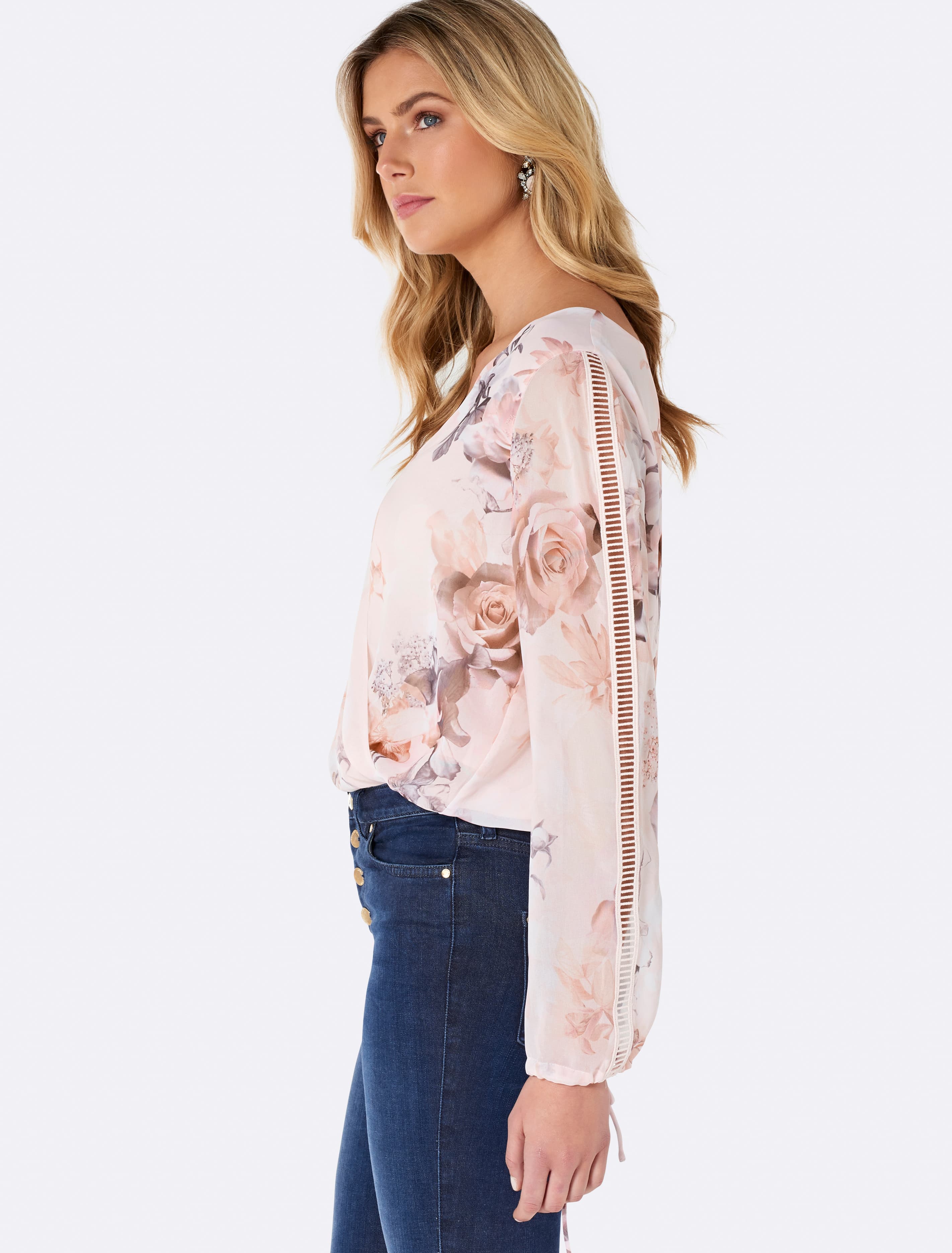 Dahlia Wrap Bodysuit Blush Base Floral Print