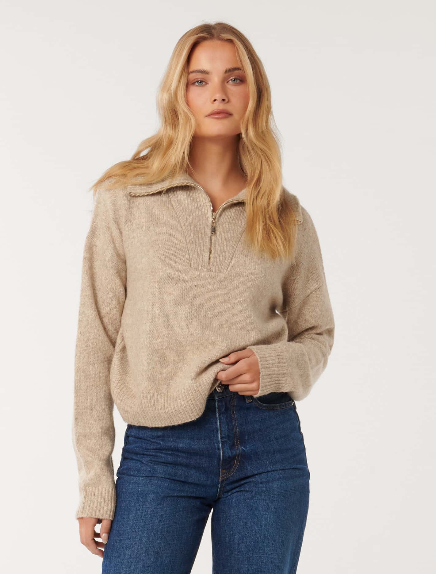 Josie 3/4 Zip Puller Knit Jumper Mocha