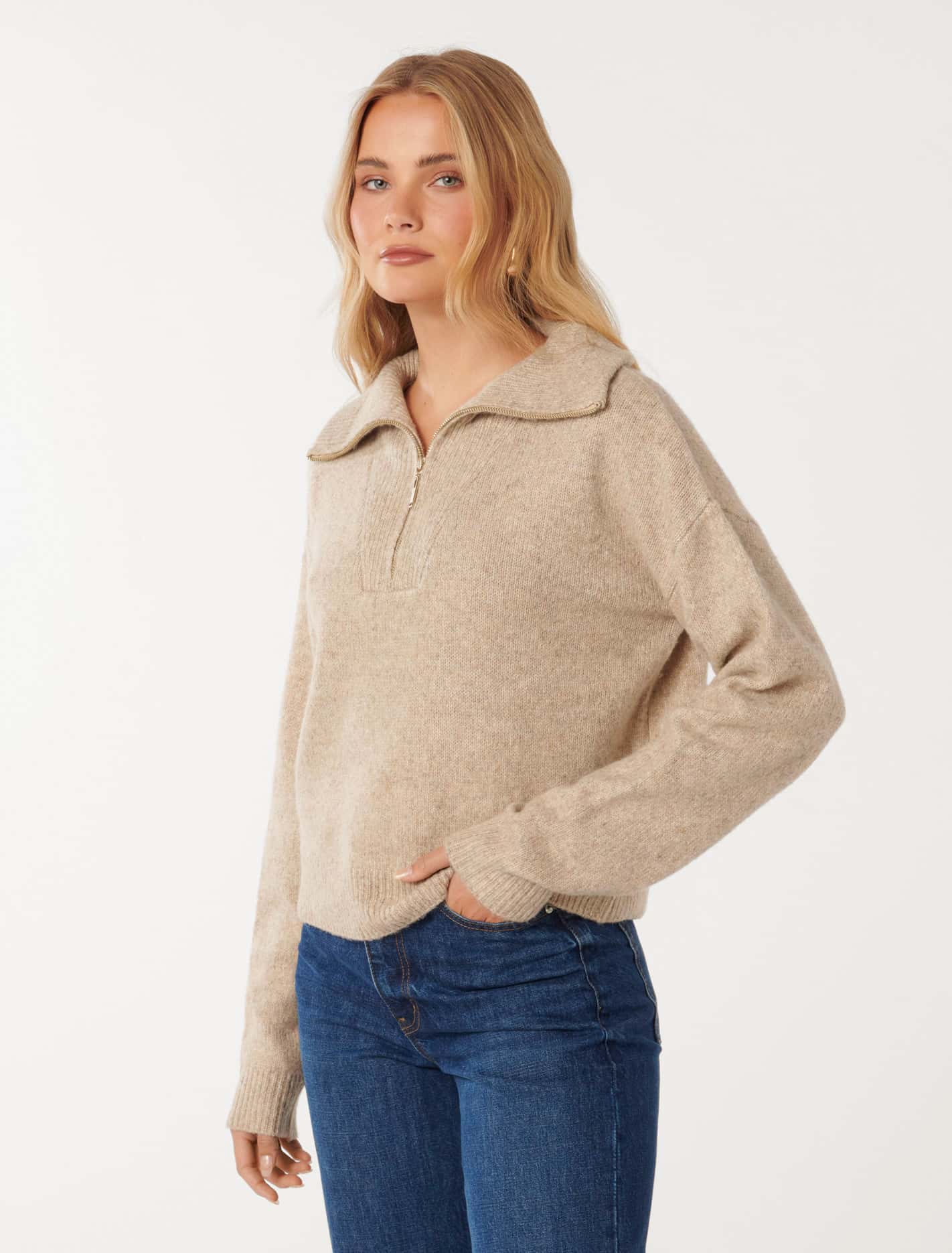 Josie 3/4 Zip Puller Knit Jumper Mocha