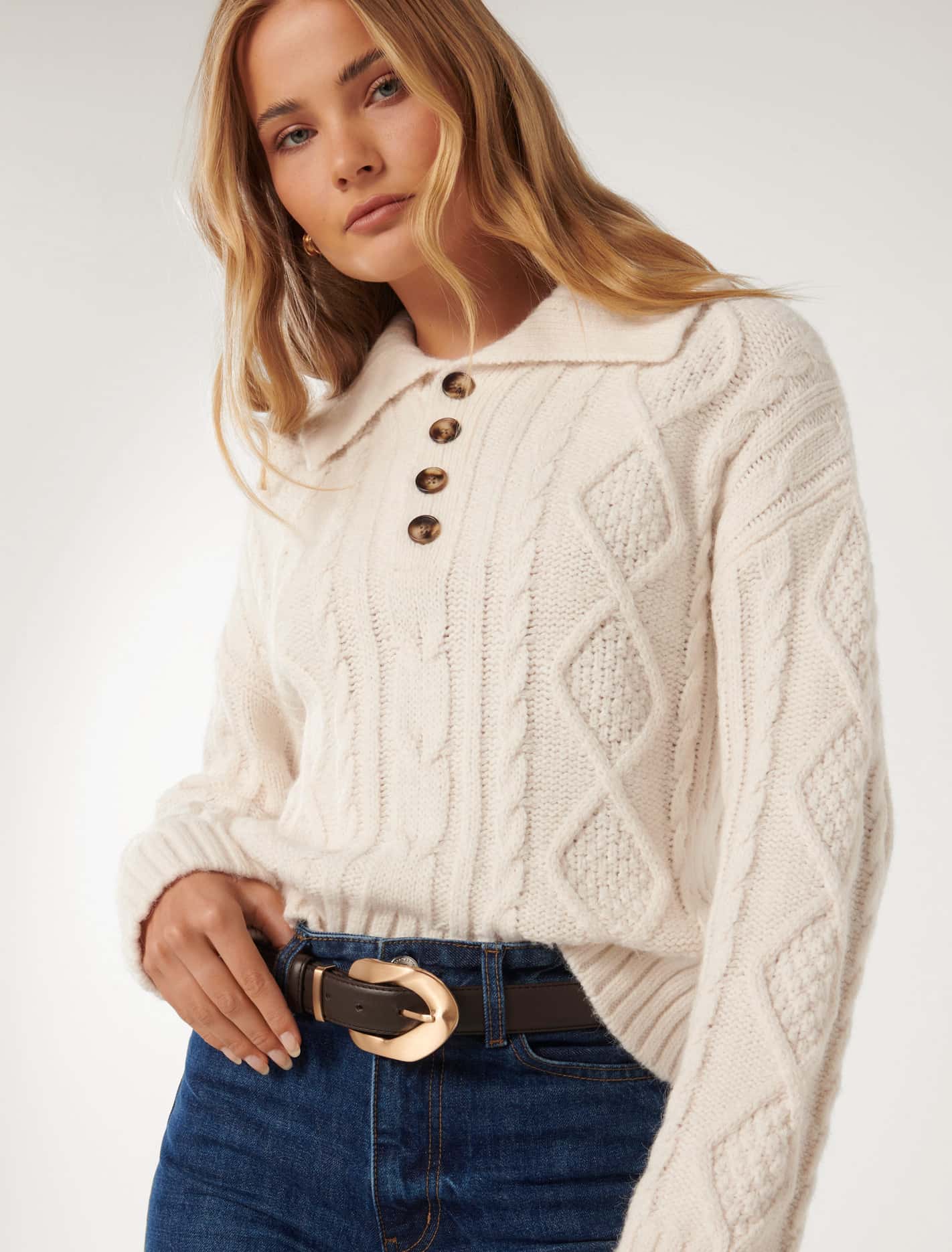 Adelaide Cabled Collar Knit Jumper Porcelain